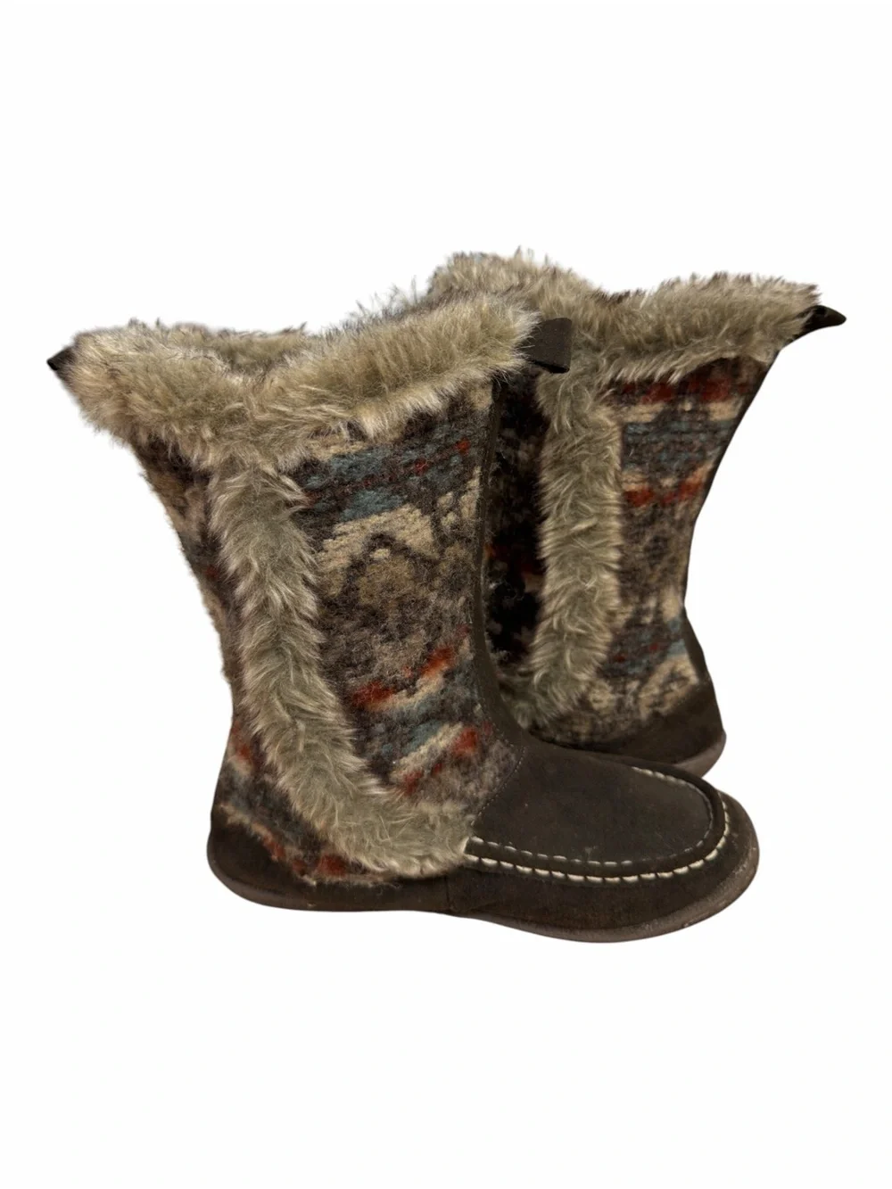 Woolrich Suede Wool Blend Fur Sherpa Winter Boots Aztec Toggle Mid Calf Size 7